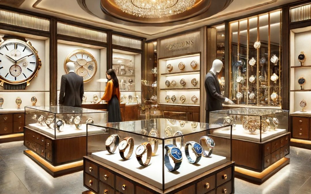 Luxurious watch boutique with elegant displays, rich decor, and customers exploring high-end timepieces.