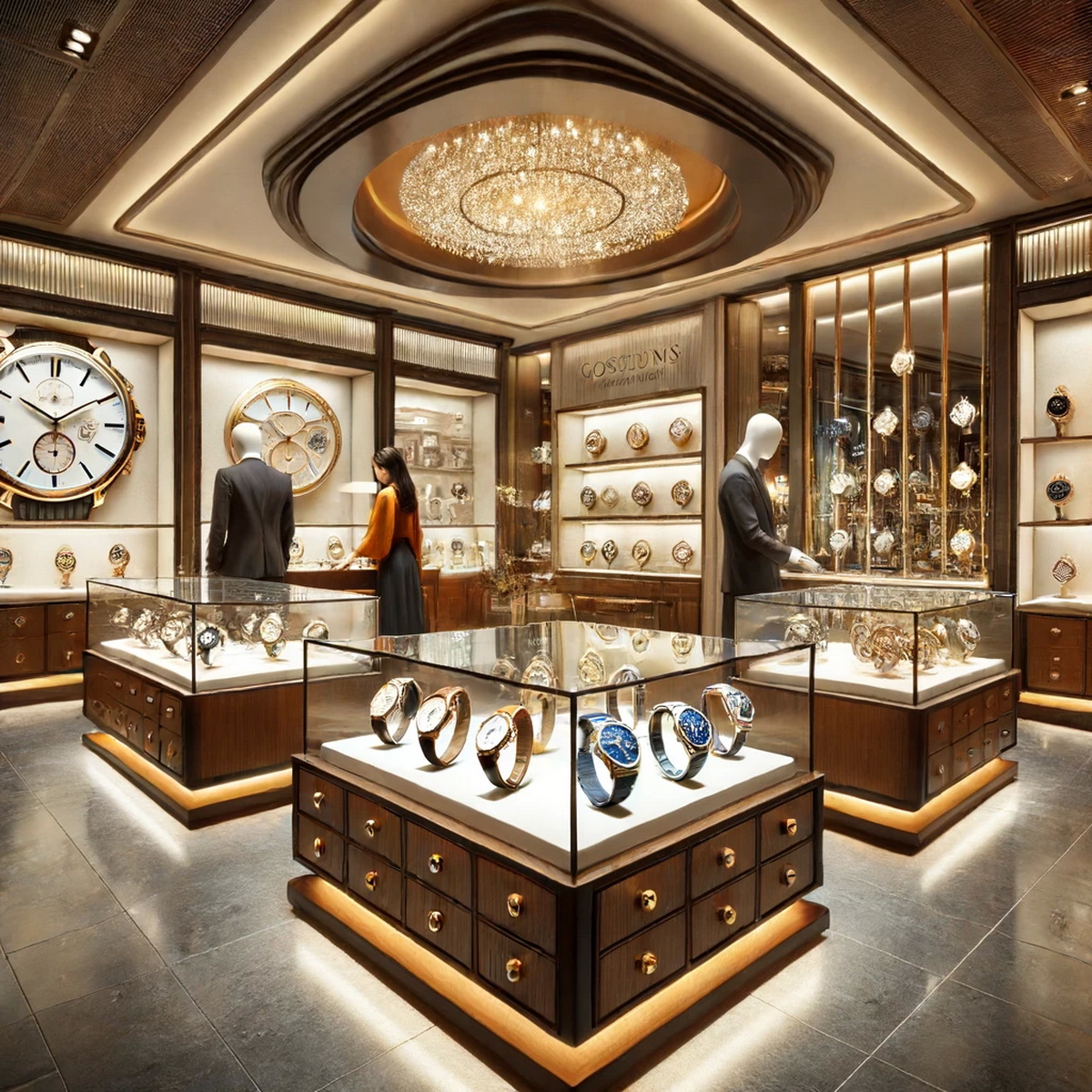 Luxurious watch boutique with elegant displays, rich decor, and customers exploring high-end timepieces.