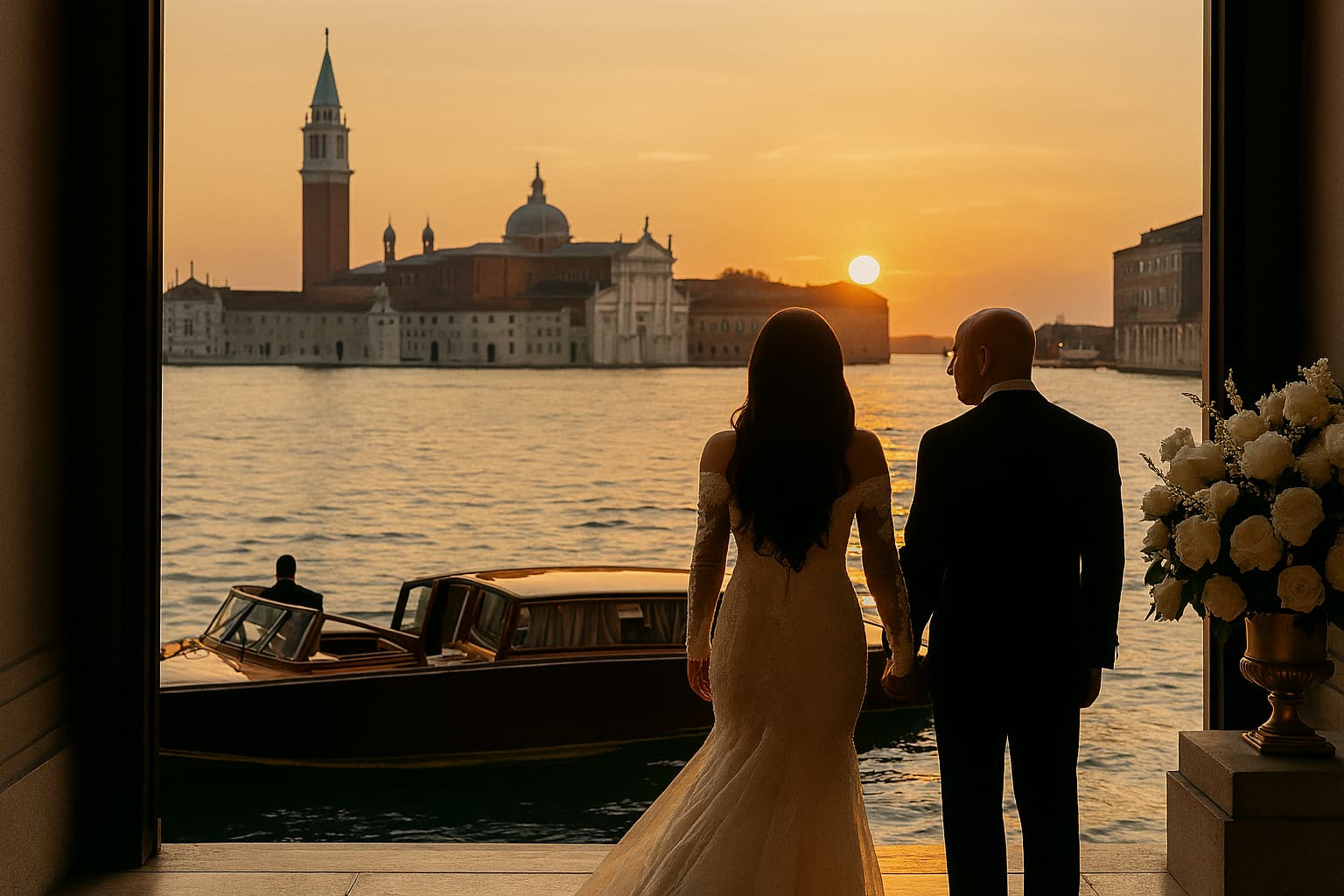 Bride and groom overlooking the Venetian lagoon at sunset during Jeff Bezos and Lauren Sánchez’s luxury wedding, with San Giorgio Maggiore in the background.