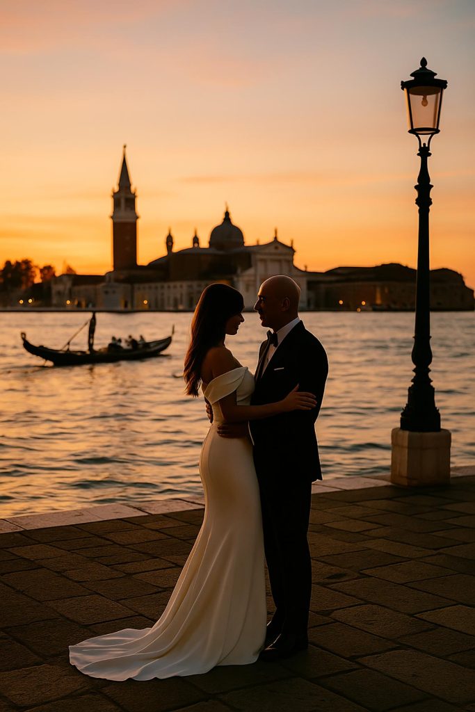 Newlywed couple embracing at sunset in Venice with Basilica di San Giorgio Maggiore in the background, gondola crossing the lagoon.